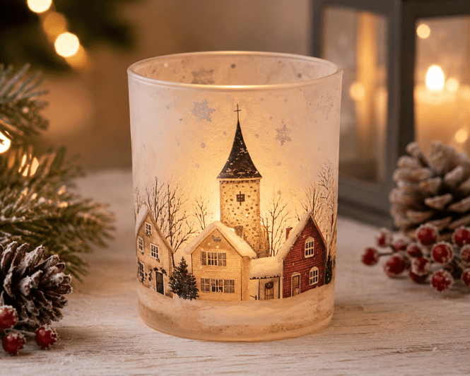Hovedbilde Lysglass frostet Juleby 6x7,5cm