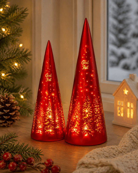 Hovedbilde Lyslykt LED God Jul tre rød kjegle 30cm