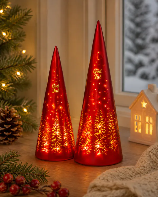 Hovedbilde Lyslykt LED God Jul tre rød kjegle 30cm