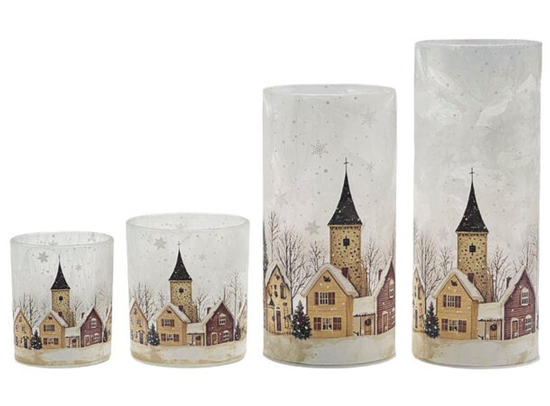 Lyslykt LED frostet Juleby 8x16cm