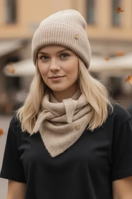 Strikket skjerf ullmix lite triangel - Taupe mel